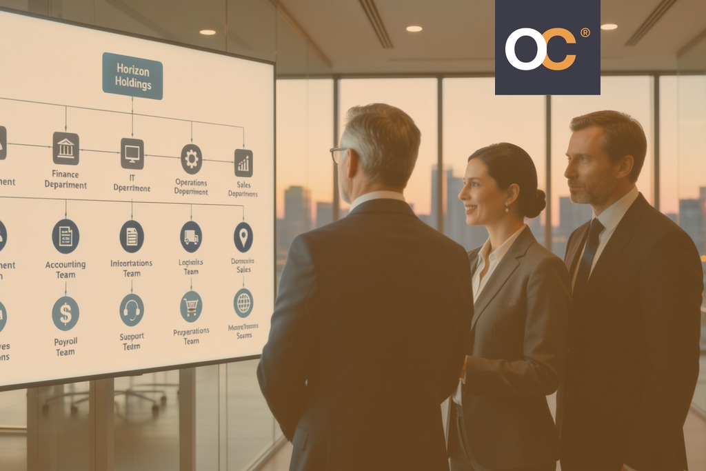 three executives looking at a financial company organizational structure