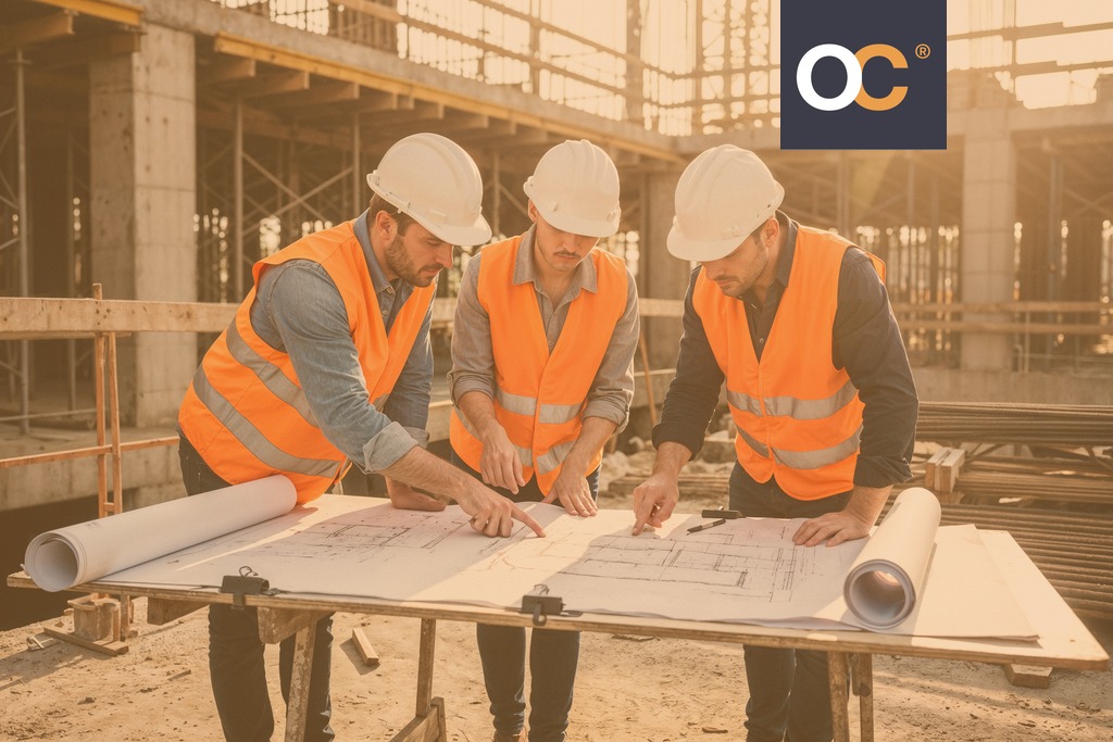 construction workers onsite looking at a blueprint
