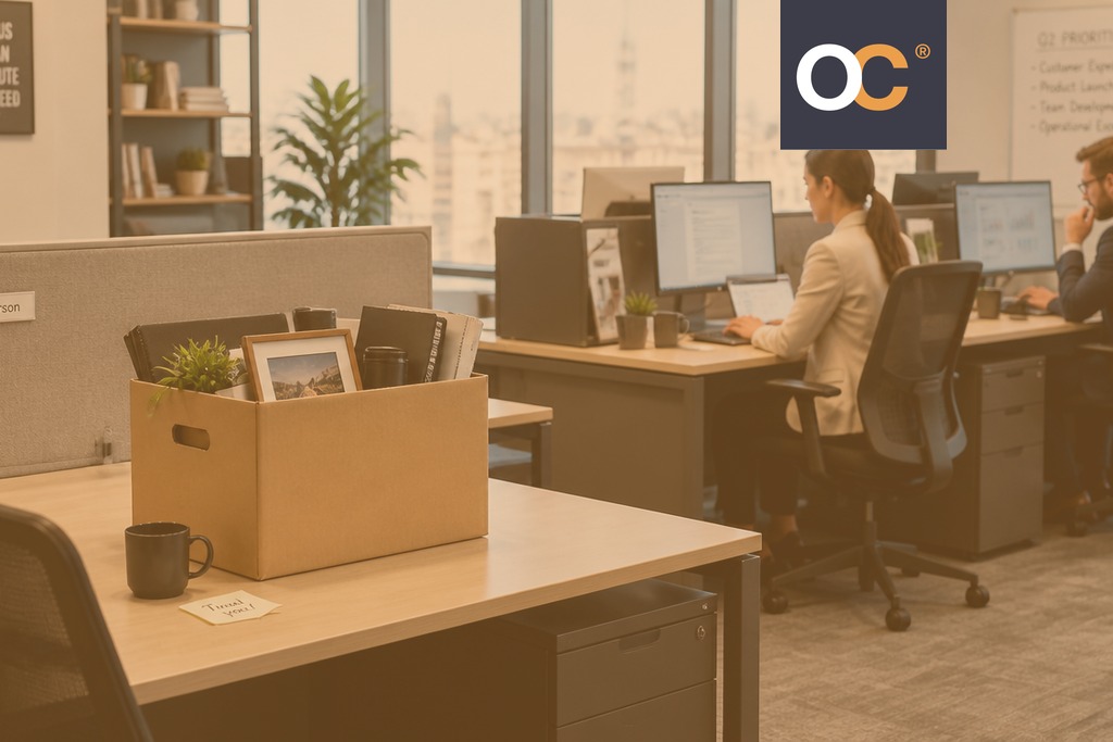 Office desk with a packed box in a room with more professionals working on their stations
